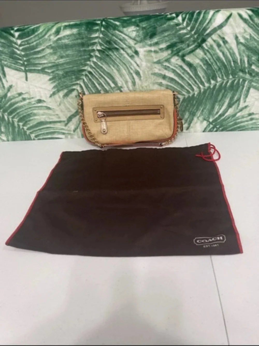 Vintage Coach Beige Canvas Shoulder Bag with Gold Chain Trim